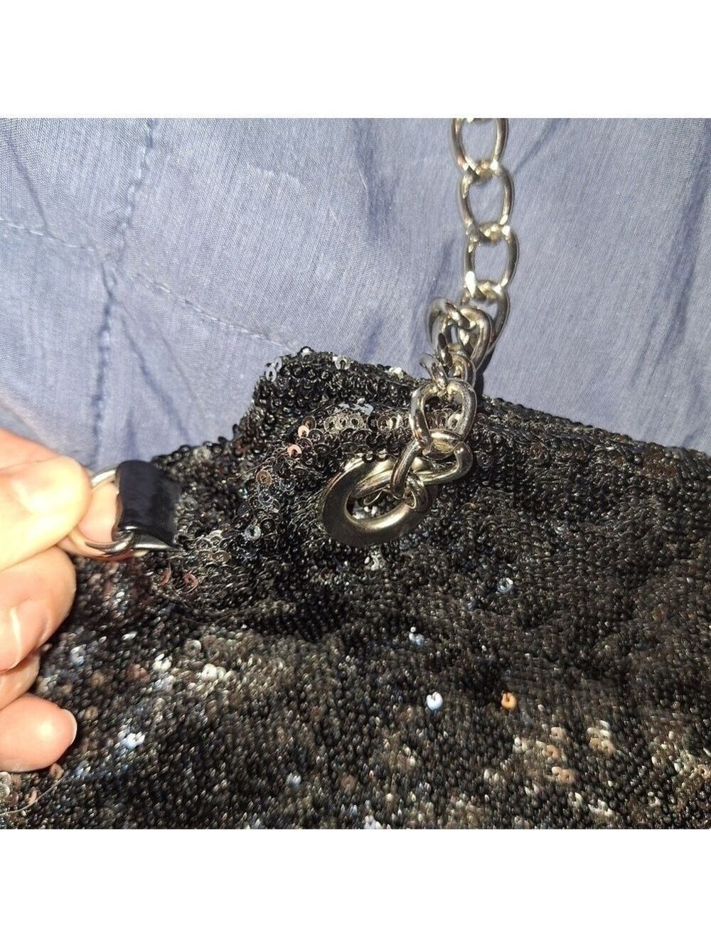 Fiona Lang Small Black Sequin Purse Celebration Party Chain Bag - Picture 3 of 4